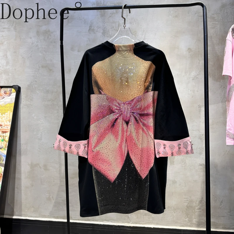 

High Quality Chinese Wind Diamonds Beads Black T-shirt Mid-long Dress Luxury Back Large Bow Hot Drilling Women Cotton Tees Dress