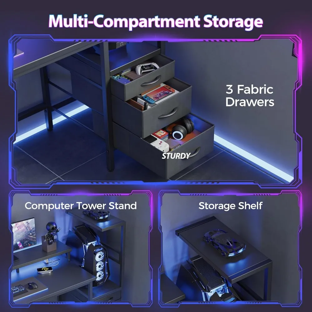 LED-Illuminated Gaming Desk with Power Outlets, Reversible PC Case Stand, Fabric Drawers, Modern Office Desk with Ergonomic Desi