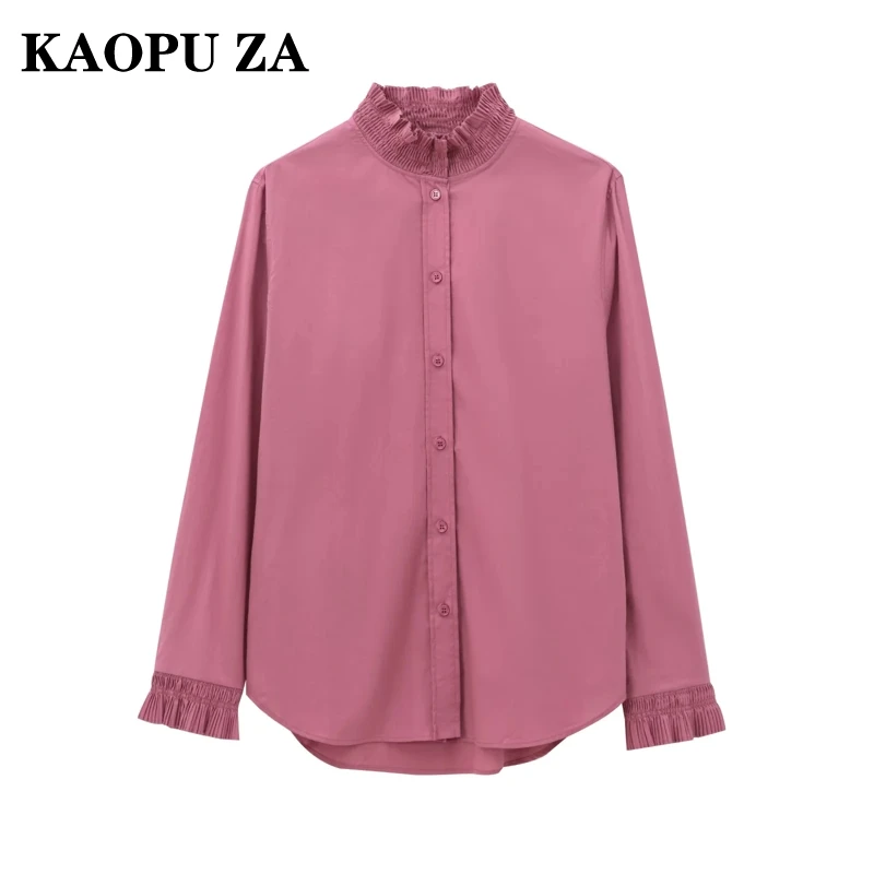 KAOPU ZA 2024 Autumn New Female Trendy Top Shirt Chic Woman's Solid Color Stand Collar Long Sleeve Outerwear Regular Fit Ruched