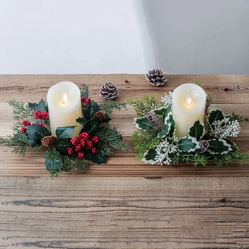 Christmas Candlestick Wreath Artificial Berry Garland Candle Ring Xmas Table Decoration Fake Leaves Wreath For Candle Holder