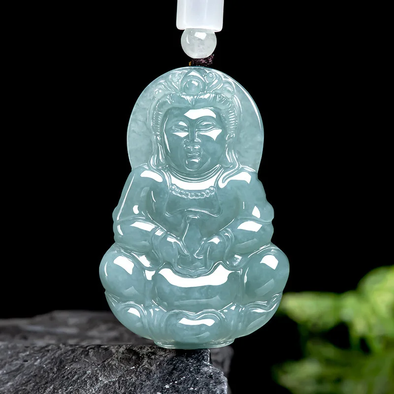 

Fine Jewelry Natural Jade A+ Jadeite Blue Water Guanyin Pendant for Men