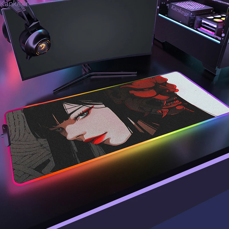 Grande RGB Samurai Devil Mask Backlight Mat, Anime Girl Large Mousepad, Teclado Gamer personalizado HD, PC Gaming LED Pad