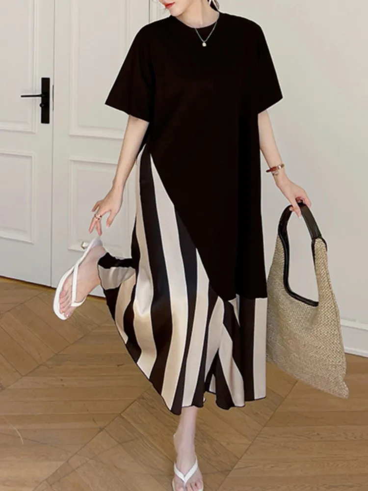 Summer Oversize Patchwork Stripe Long Dress Women New Korea Eleagnt Ladies Dresses Vestidos Robe Elbise Loose Dress