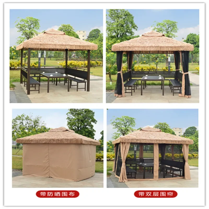 for Outdoor Thatched Pavilion Home Villa Courtyard Agritainment Straw Wrought Iron Four Corner Tent Shed
