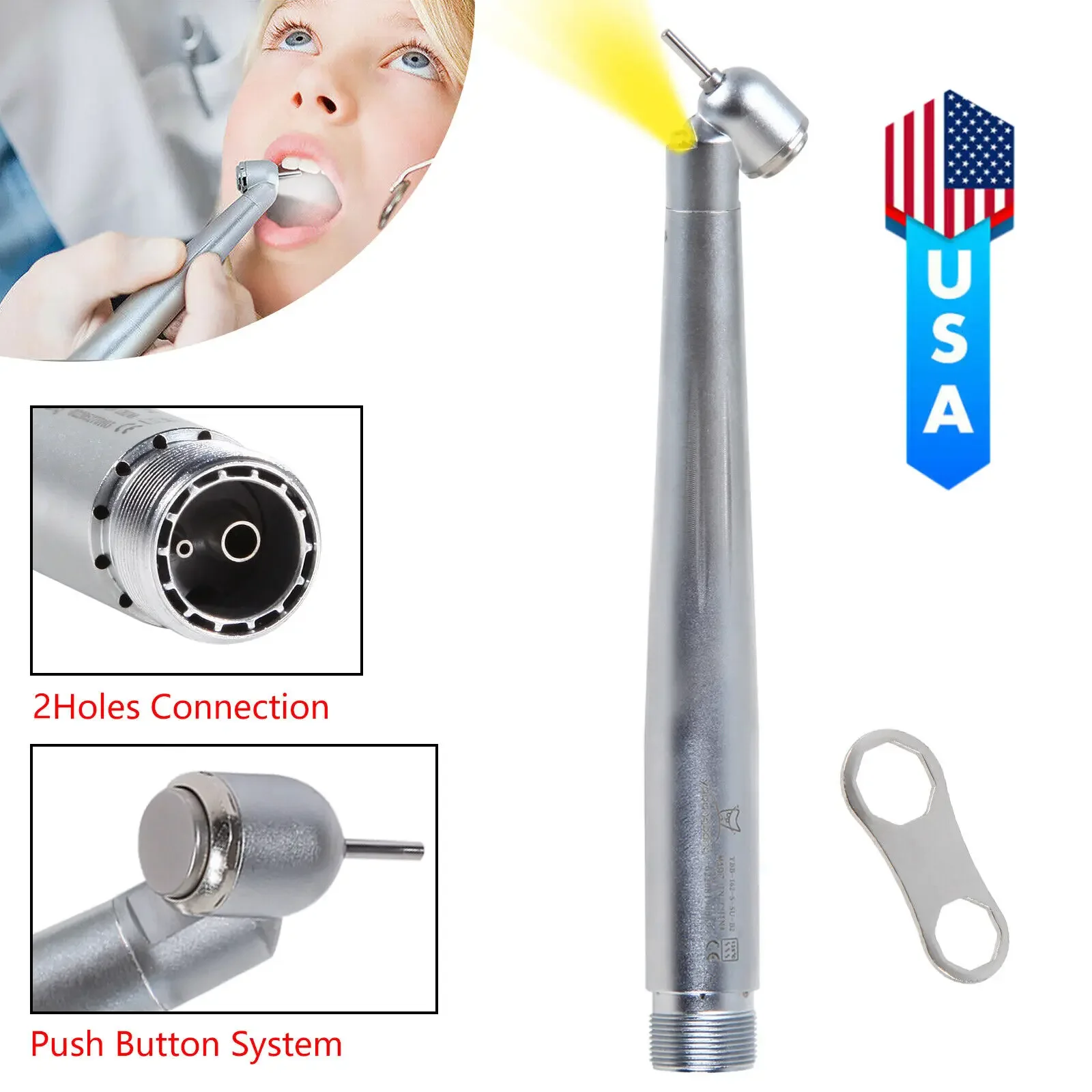 Dental Fiber Optic LED 45 Degree Surgical High Speed Handpiece E-generator Push Button Turbine 2/4 Hole Fit Nsk/ Kavo