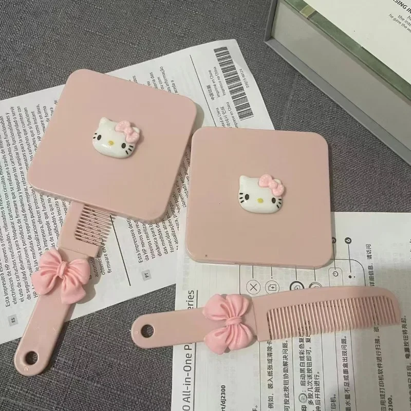 New Style Hello Kitty Pull-out Handle Mirror with Comb Portable in Hand Cosmetic Mirror Sweet Maiden Specific Mirror Comb As One