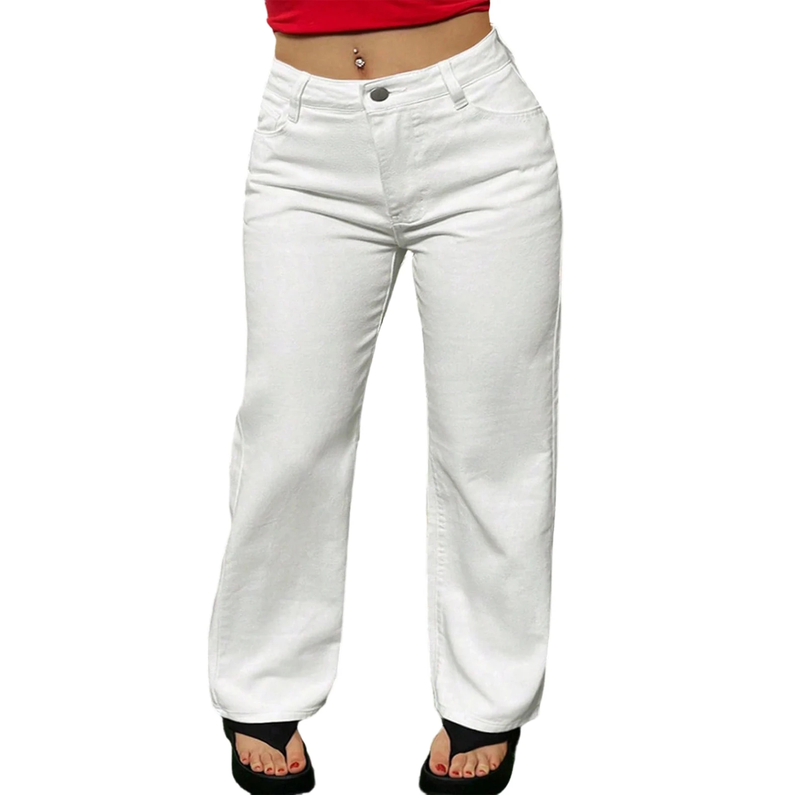 

Women's White Color Mid- Stretch Fashion Straight Leg Denim Pants with Pockets Streetwear Daily Versatile Long Jeans