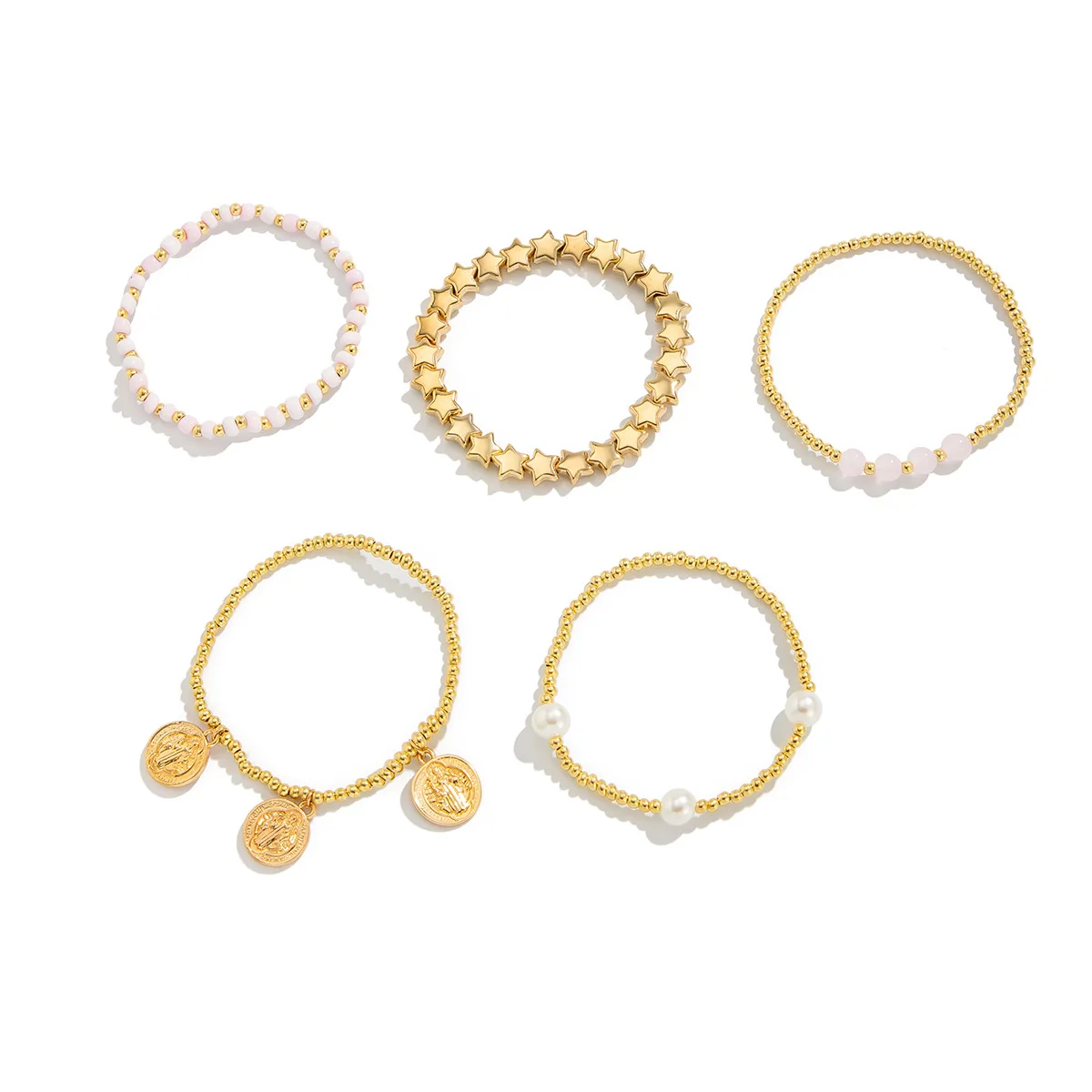 Retro Round Carved Pendant Bracelet 2025 Multi Layer Gold Color Star Round Bead Elastic Thread Woven Girls' Fashion Jewelry image 6