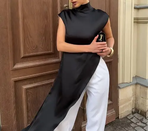 

Women's Summer Satin High-End Loose High Neck Sleeveless Asymmetrical Skirt Casual Fashionable Design Dress