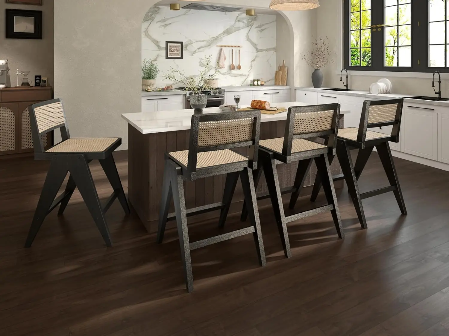 

Набор из 4 черных барных стульев из ротанга высотой 26 дюймов, в стиле середины века, с сиденьем из ротанга, ретро-дизайн для кухонного острова, на заказ