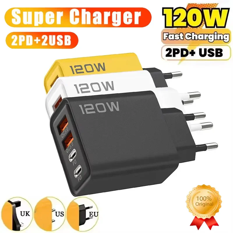 120W 4 Ports Charger USB C PD Super Fast Charging Quick Charge 3.0 Type C USB Phone Chargers Adapter For iPhone Samsung Xiaomi