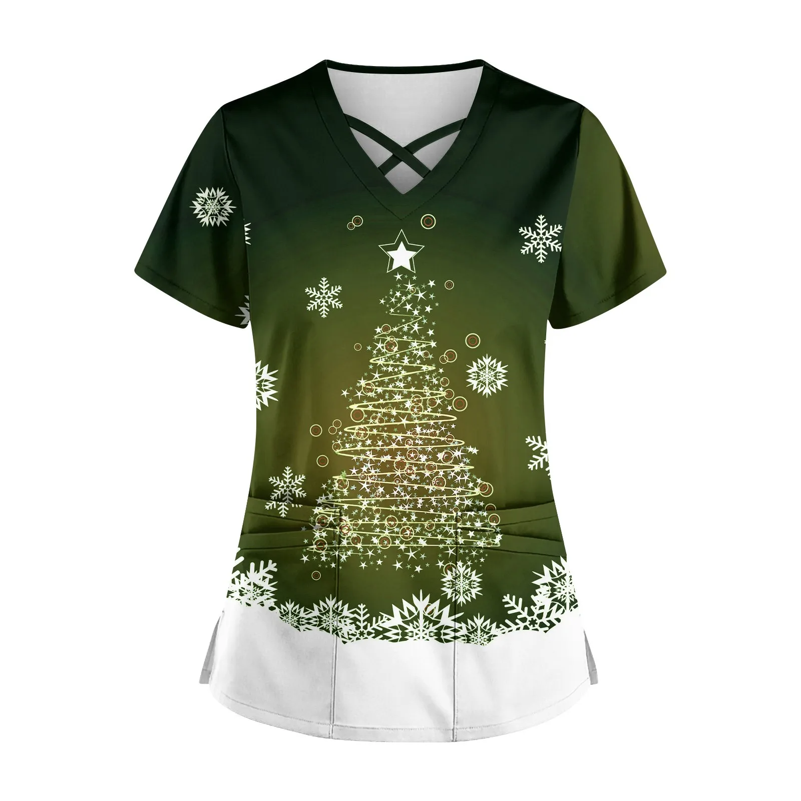 

Christmas Casual Scrub Tops Ladies Pocket Loose Print Short-Sleeve Caring Workwear Uniform Nurse Santa Clinic Salon Healthcare