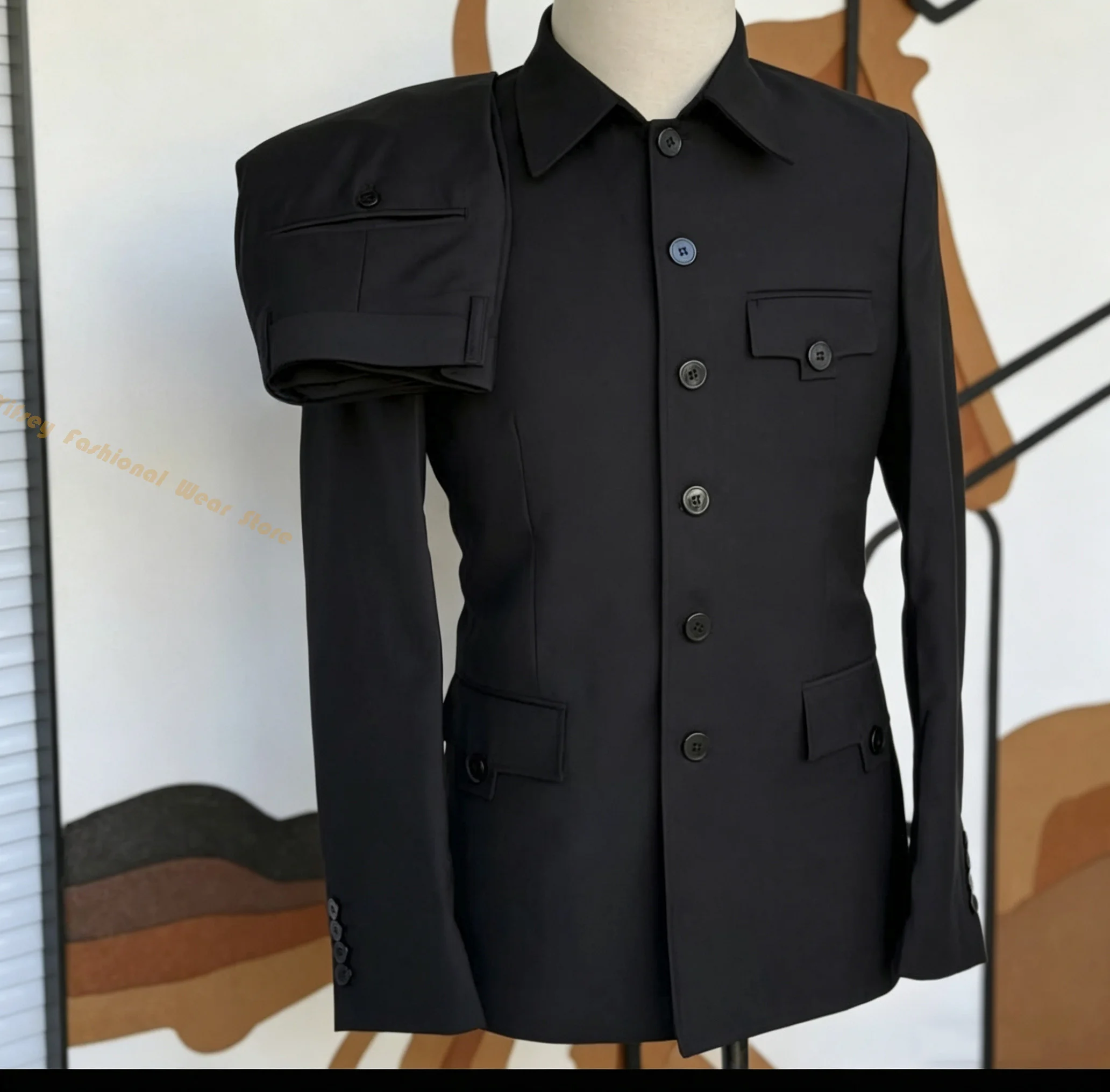 

3 Flap Pockets Unique Design Wedding Suit For Men 2 Pcs Set Jacket Pants Wedding Groom'S Blazer Outfits Mandarin-Collared Coat
