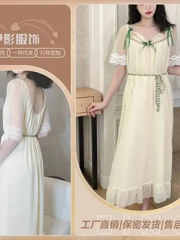 Summer Sexy Women's Dress Lace Robe Ladies Loungewear Lace Trimmed Skirt With Wrinkled Hem At The End Of The Dress elegant PDTV