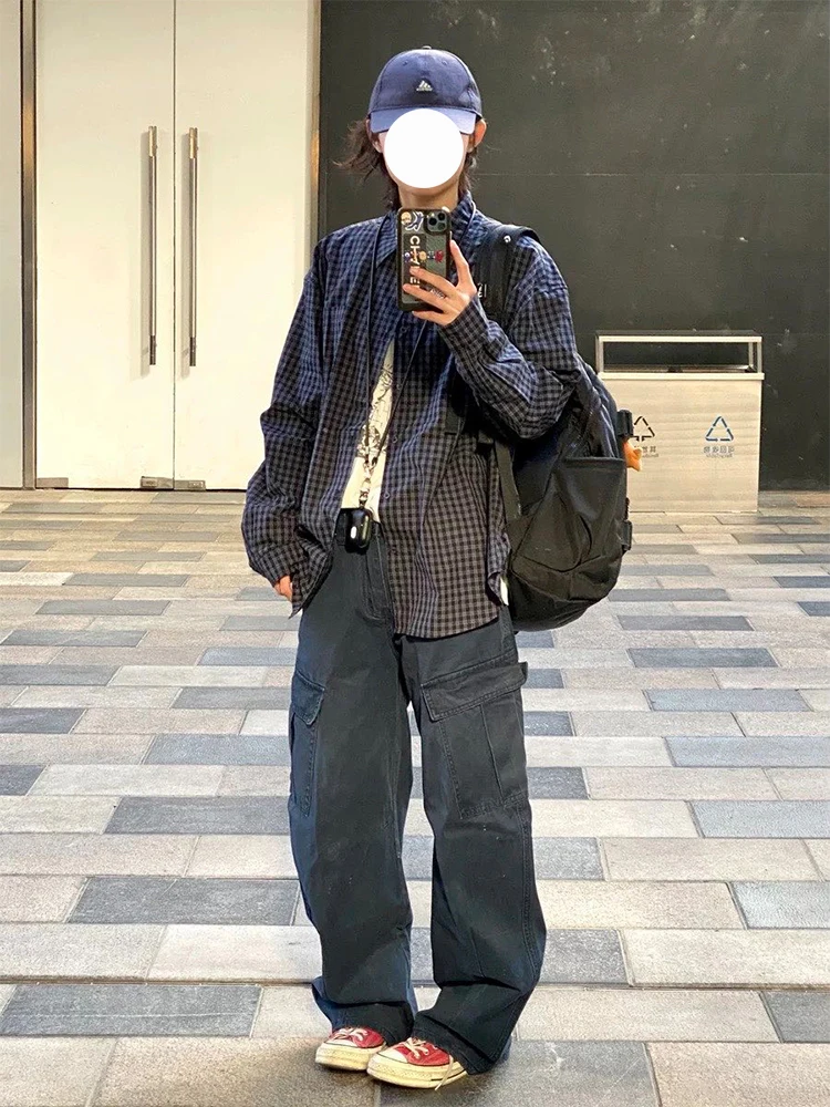 Pantalon taille haute à jambes larges pour femme, Vintage, américain, rétro, rue, automne hiver, nouveau Design, pantalon ample avec kets