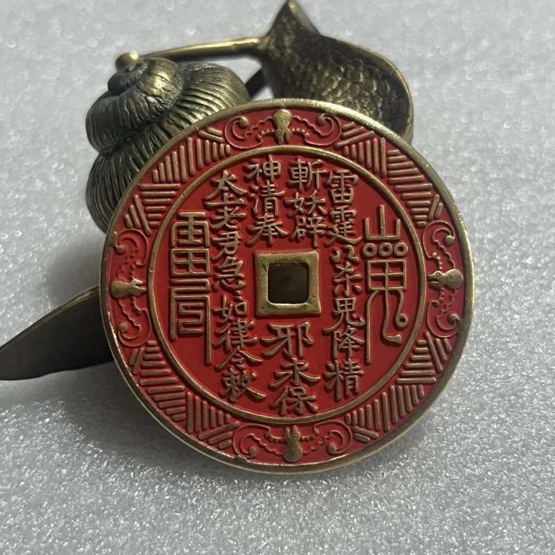Copper cinnabar Bagua cloisonné, finely carved small mountain ghost amulet, various types of auspicious coins, co