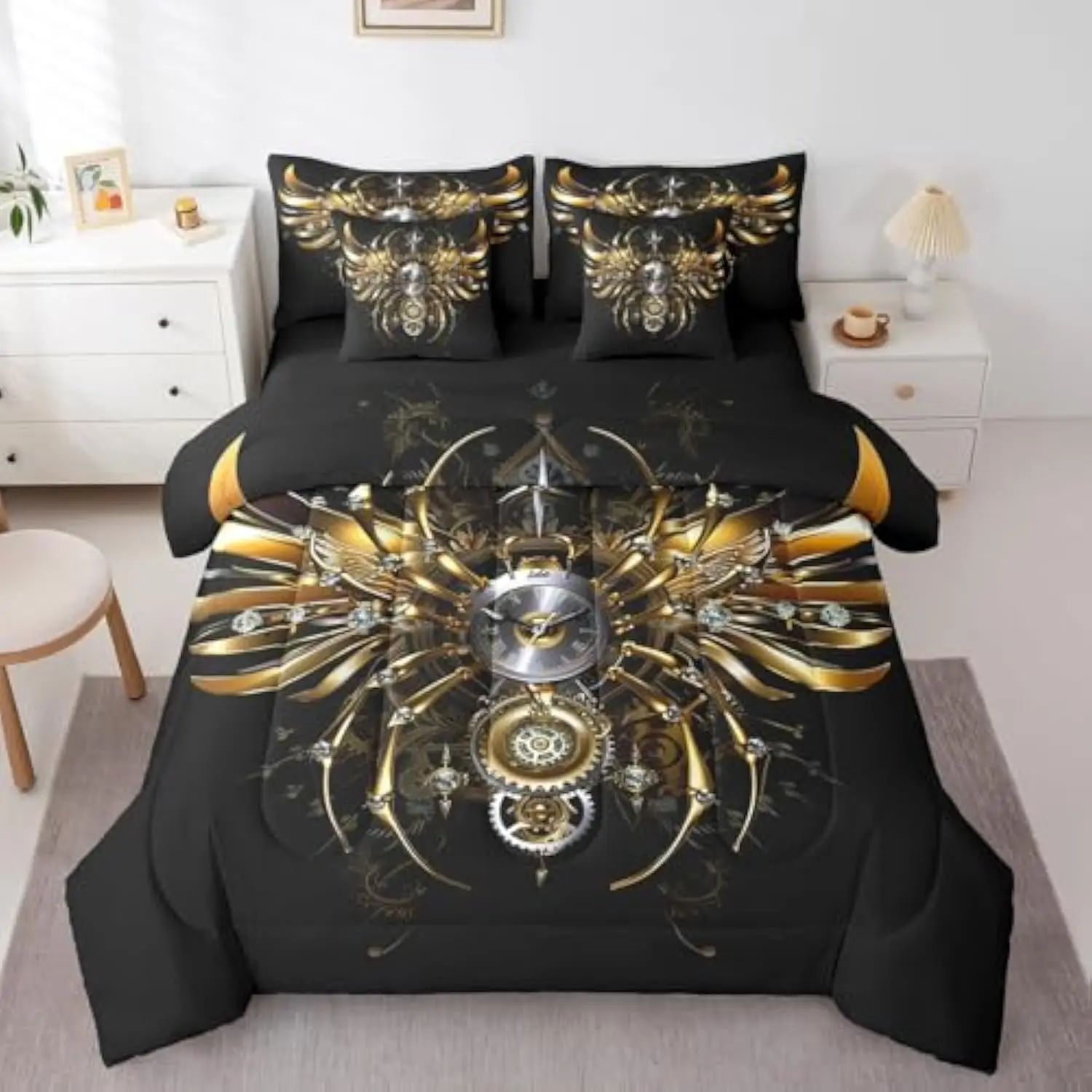 

Golden Diamond Watch Comforter Set 7 Piece Twin 3D Cool Watch Bed in A Bag Technology Spider Quilt with Flat Fitted Sheet Meta