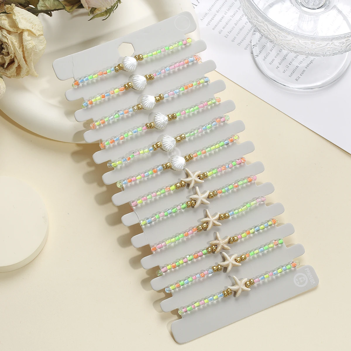 Fashion 12pcs/set Shell Starfish Charms Bracelet Set Colorful Resin Beads Adjustable Rope Bracelet For Women Jewelry Gifts