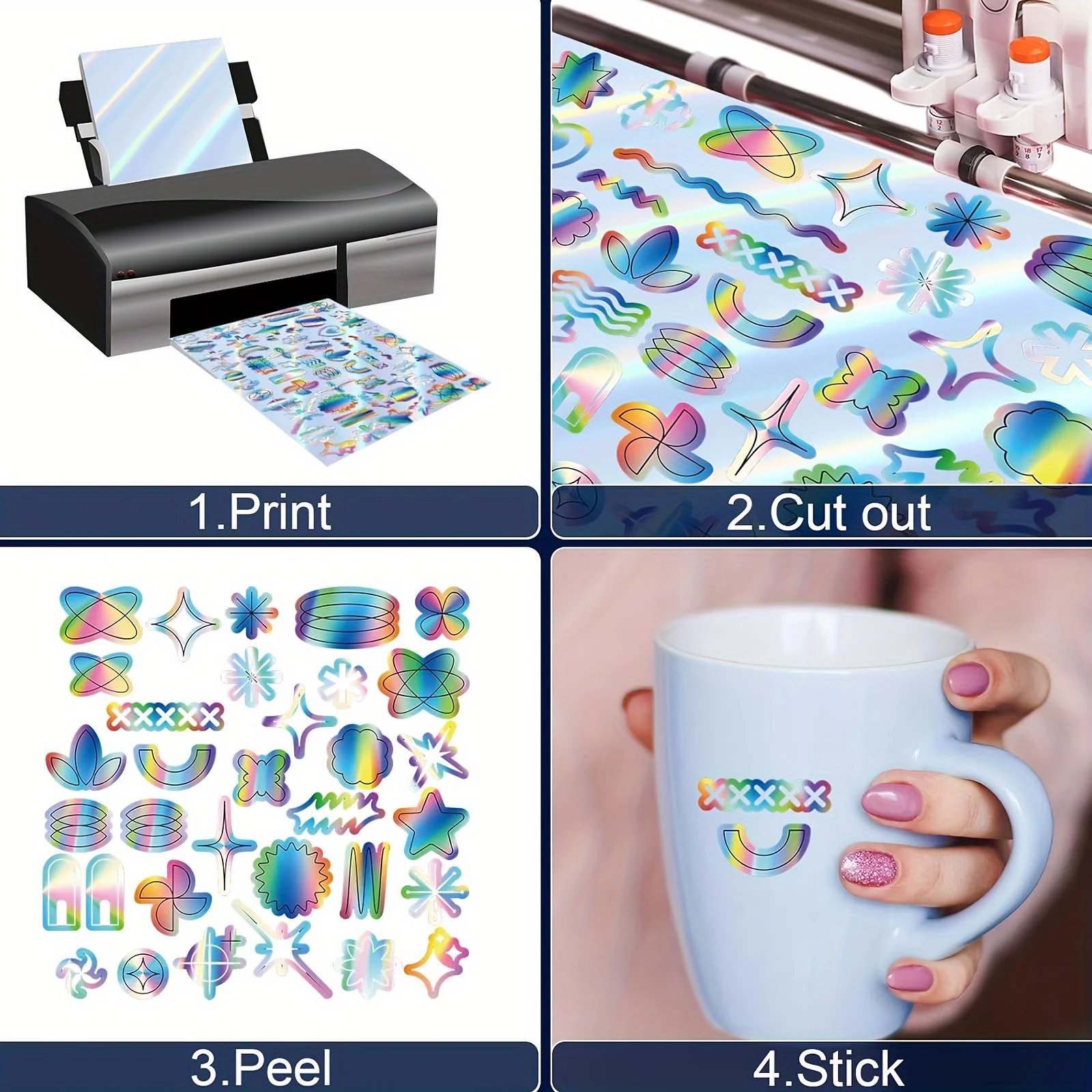 10 Sheets A4 Size Rainbow Holographic Vinyl Sticker Paper 8.3x11.7 Inch Self-Adhesive Waterproof Inkjet Printable Stickers