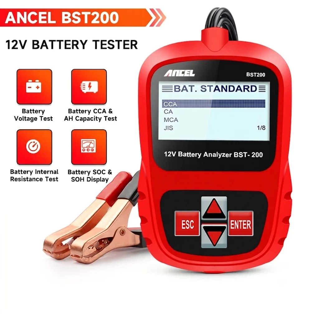 Compact 12V Battery Health Analysis Diagnostic Tool with Reverse Polarity Protection & Backlit LCD - BST200 Includes 5 Types