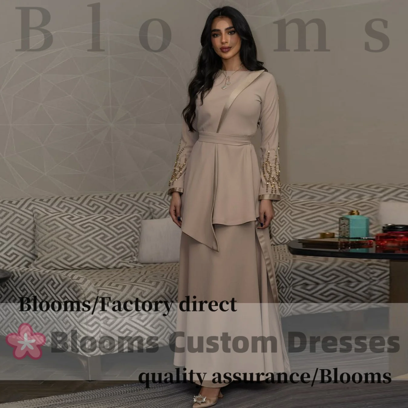 

Customized Round Neck Beaded Prom Dress A-Line Long Sleeve Party Gown Elegant Arabia Formal Evening Dress