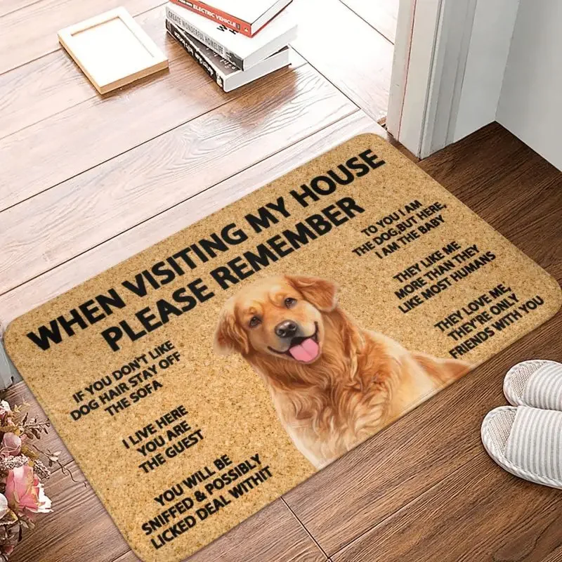 Please Remember Golden Retriever Dogs House Rules Doormat Front Door Mat Anti-Slip Waterproof Floor Bathroom Entrance Rug Carpet