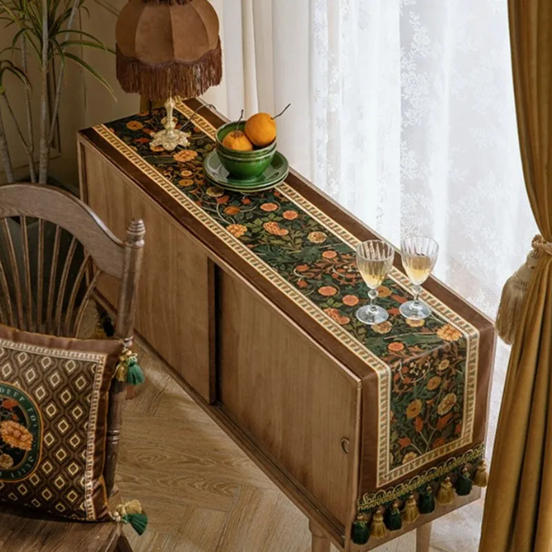 Vintage Dark Floral Jacquard Table Runner with Double Color Tassels, Retro Farmhouse Dining Cabinet TV Console Decor Tablecloth