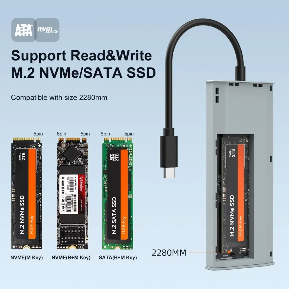 MAIWO 6-in-1 USB C M.2 NVME SATA デュアルプロトコル ハードドライブ エンクロージャ ドック 外付けSSD 工具不要ケース Type-C ハブアダプター