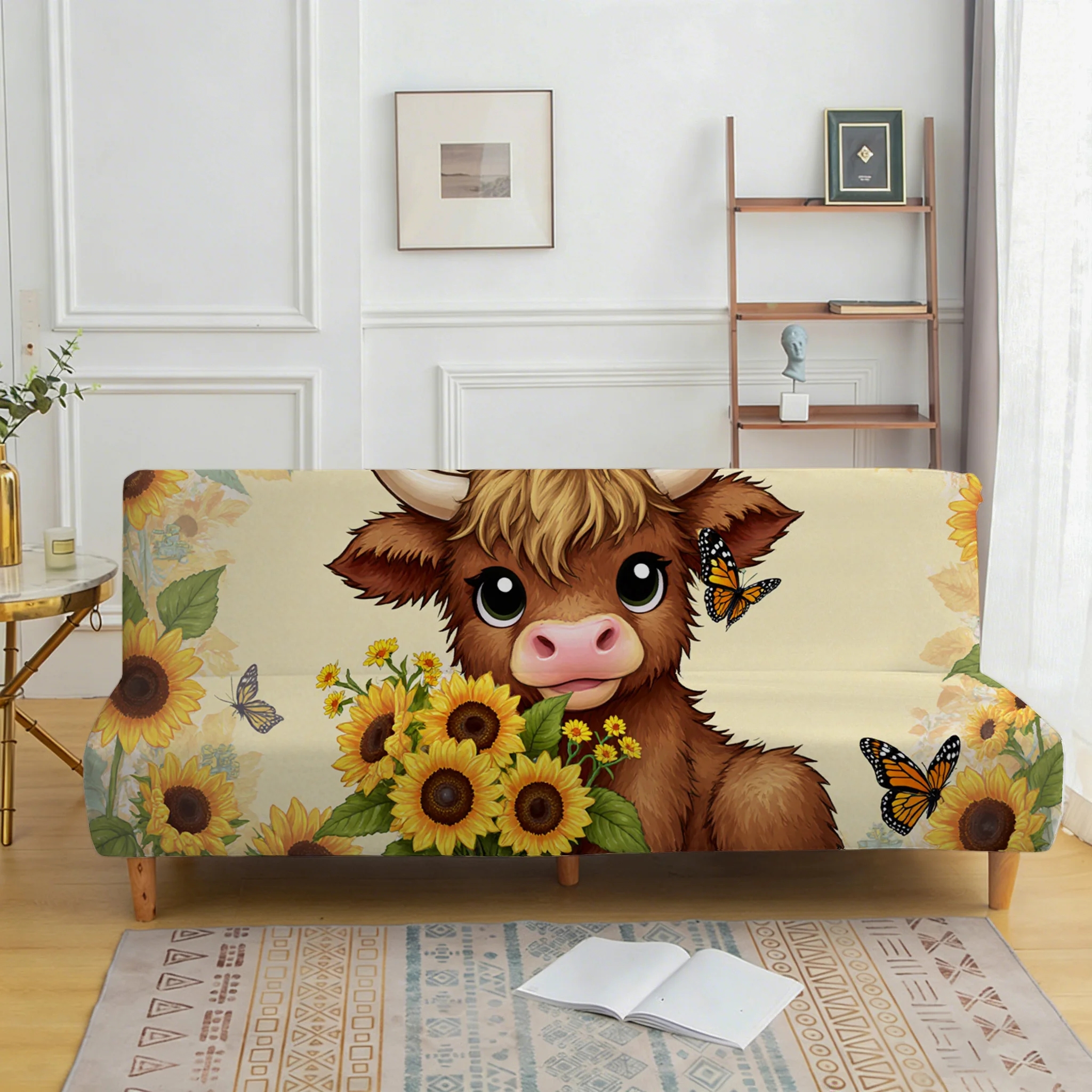 Living room universal elastic sofa bed cover, sunflower calf pattern, dustproof machine washable sofa bed cover