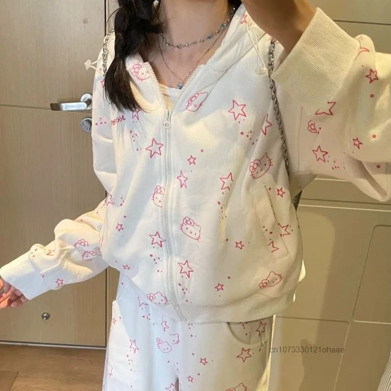 Sanrio cartoon hello kitty bonito impressão com capuz calças compridas conjunto versão coreana solto casual conjunto de duas peças tendência versátil simples conjunto