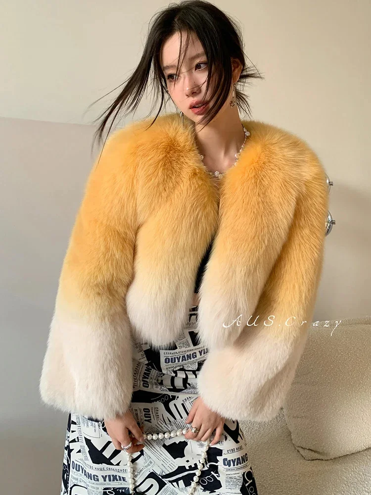 

Color Gradient Real Fur Coat Women Short Fashion 2024 New Luxury Genuine Sheepskin Natural Fox Fluffy Warm Winter Jacket