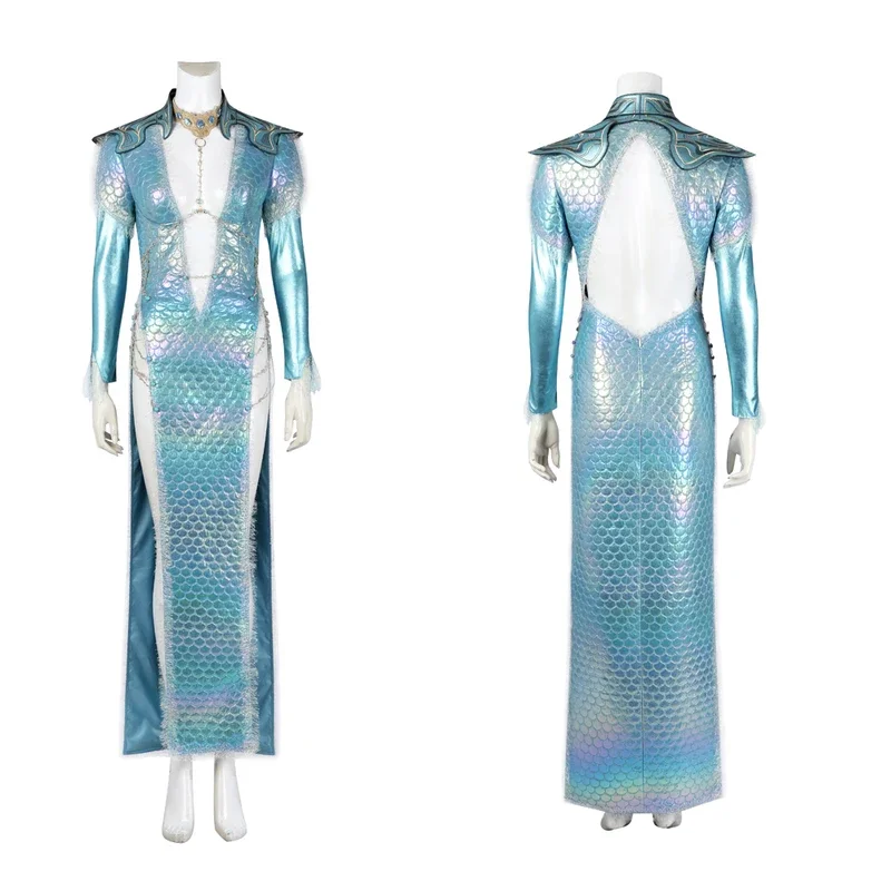 High Quality Game Blue Wavemother's Robe Disguise Baldur Cosplay Costume Sexy Long Fish Scale Dress Halloween Comic Con