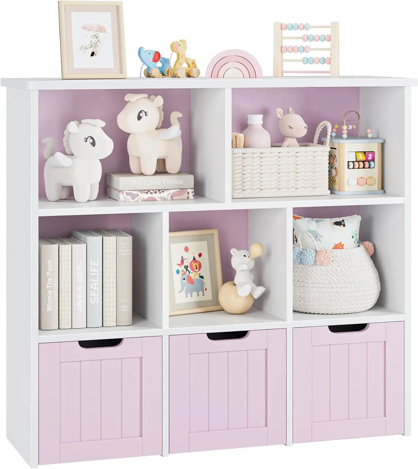 Toy Storage Organizer with 3 Movable Drawers, Floor Storage Cabinet Toy Chest with Hidden Wheels and 5 Storage ,