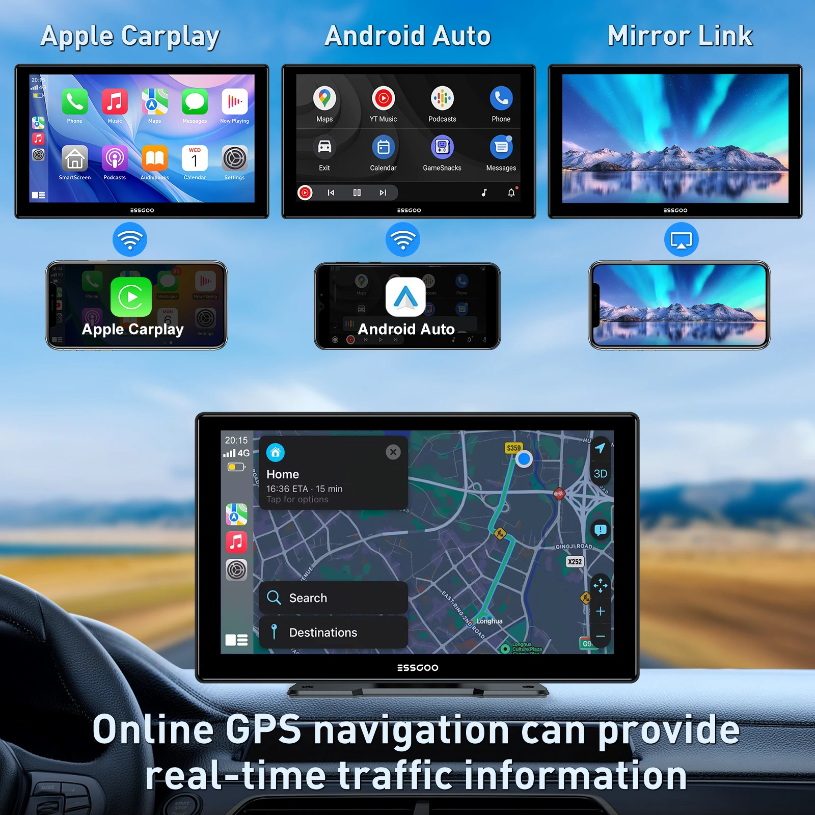 ESSGOO 9-Zoll Touchscreen Universelles Tragbares Drahtloses CarPlay Android Auto AUX TF FM Bluetooth GPS Mirror Link SuperLink für Wohnmobile, LKWs und Pickup-Transporter
