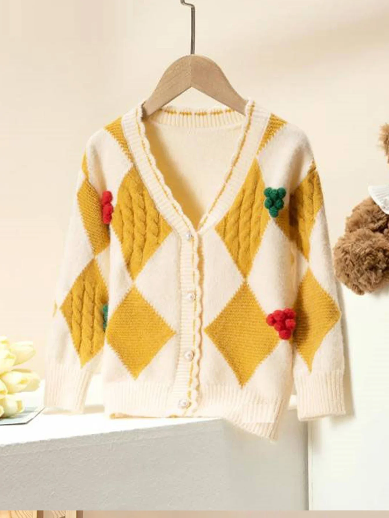 Girls Argyle Knit Cardigan 3D Pom Pom Decor V Neck Ruffle Trim Soft Cable Knit Kids Fall Long Sleeve Sweater Coat