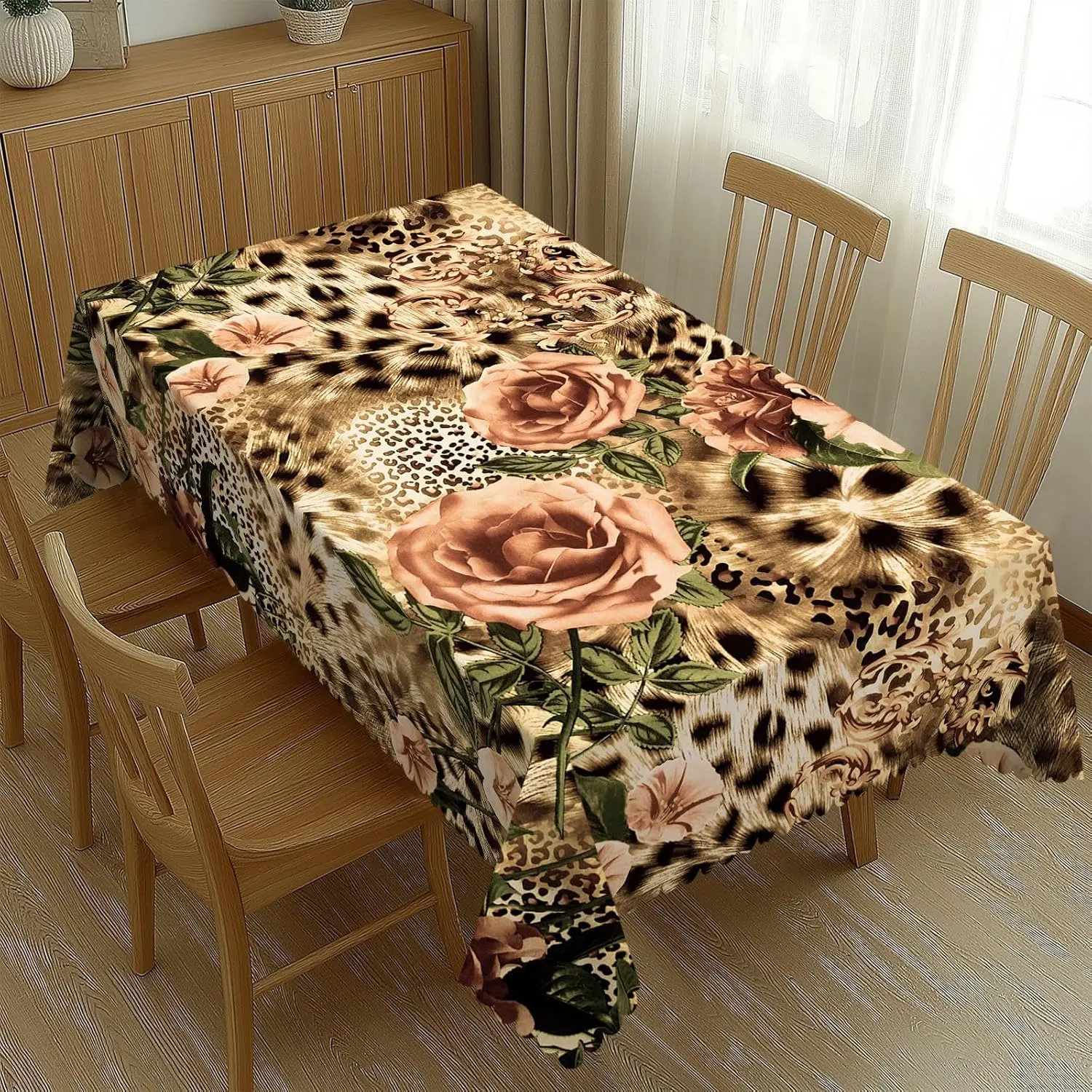 Home Textiles Premium - Chique tafelkleed met luipaardrozen en bloemenprint,