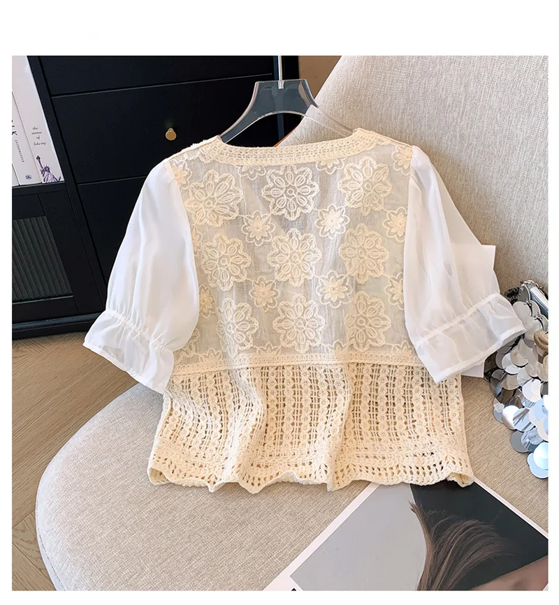 Camisa de Chiffon Crochet feminino, Patchwork malha, manga curta, Top cortado