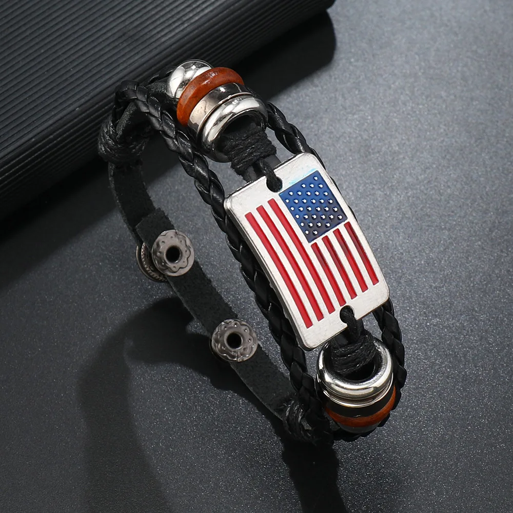 Europe and the United States cross-border hot sale retro men's leather beaded bracelet American flag woven leather bracelet red,
