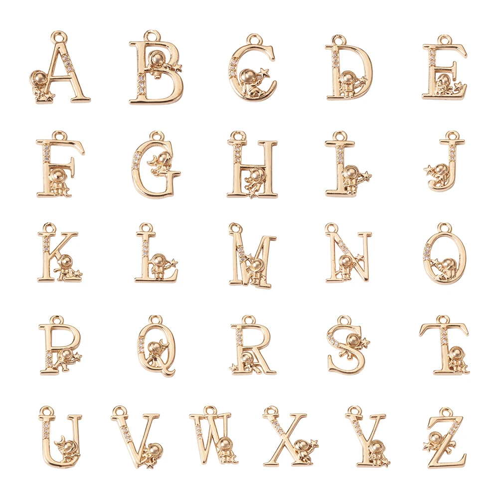 26Pcs Creative Copper Zircon Letter with Astronaut Charms A-Z Alphabet Pendants For Earring Necklace DIY Jewelry Making Supplies