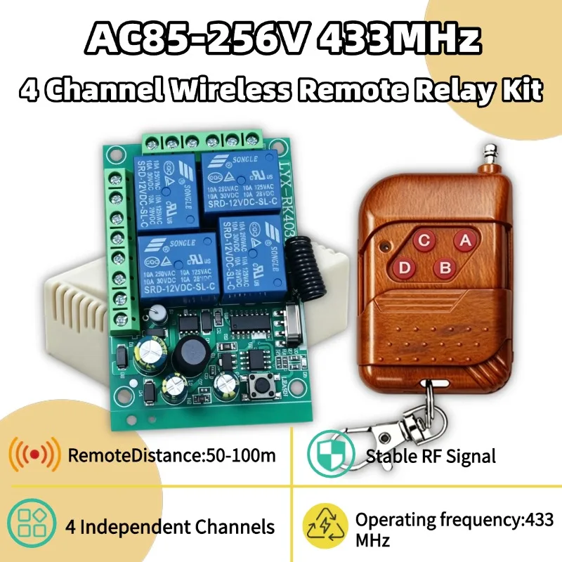 433Mhz RF Remote Control Switch AC 220V 110V 85-256V 4CH 10A Relay Receiver and 433Mhz Transmitter For Light,Water Pump,Garage