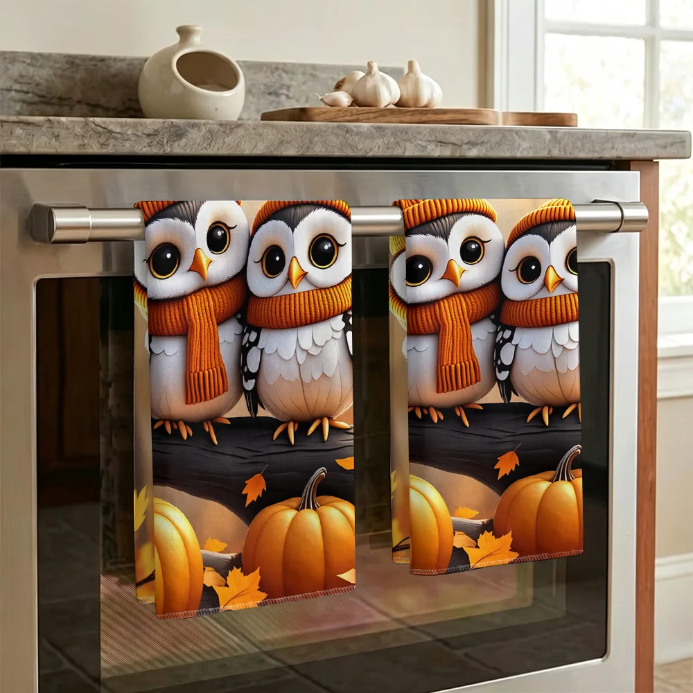 1pc/2pcs Fall Owl and Pumpkin Print Kitchen Towel-Super absorbent, reusable polyester dishcloths perfect for home decor, cooking