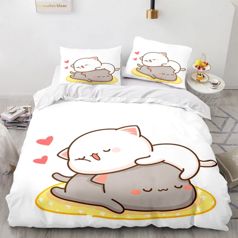 

Lovely Peach Cat Bedding Set Cartoon Comforter Sets Double Queen King Twin Full Size Duvet Cover Set Kids Girls White Bed Linen