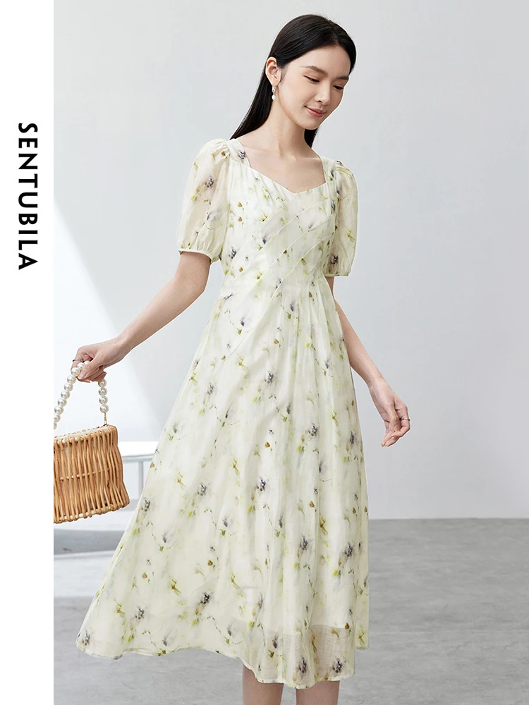 

SENTUBILA Summer Elegant Floral Midi Dress for Women 2024 French Style Printed Short Sleeve Dresses Female Clothing 142L54362