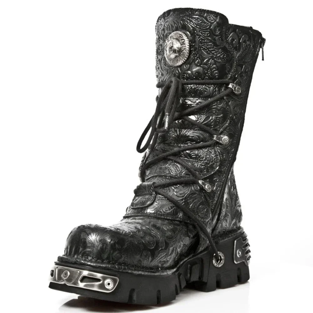Men's Fashion Genuine Leather Motorcycle Boots,Carving Pattern Round Toe Platform Zip Thick Bottom Mid-Calf Western Riding Boots