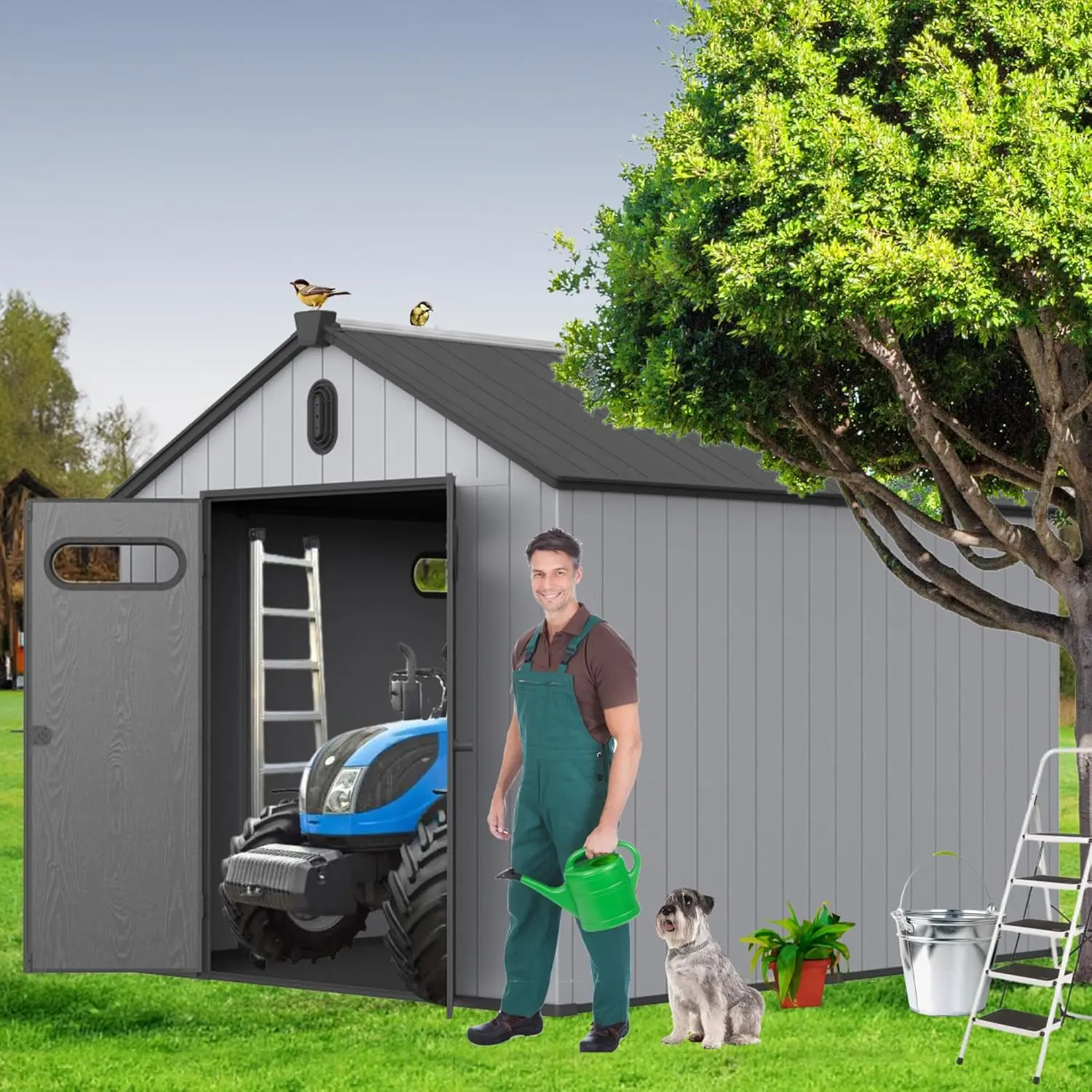 8x10 FT Outdoor Plastic Storage Shed with Waterproof Roof Hinge Mechanism Perfect to Store Garden Tools