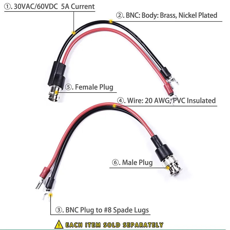 BNC male or BNC female test lead set, oscilloscope probe, crocodile clip, mini test clip, cable to lead, flat ear connector