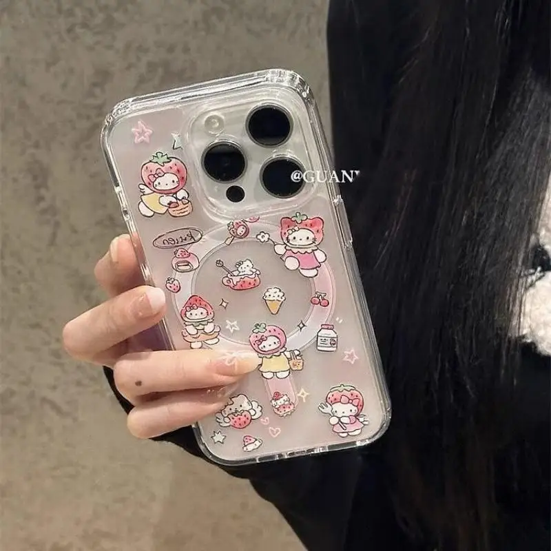 New Kawaii Sanrio Hellokitty Phone Cases with Magnetic Bracket Cute Dustproof Case Iphone15/14/pro/max/12/11 Anti-Fall Girl Gift