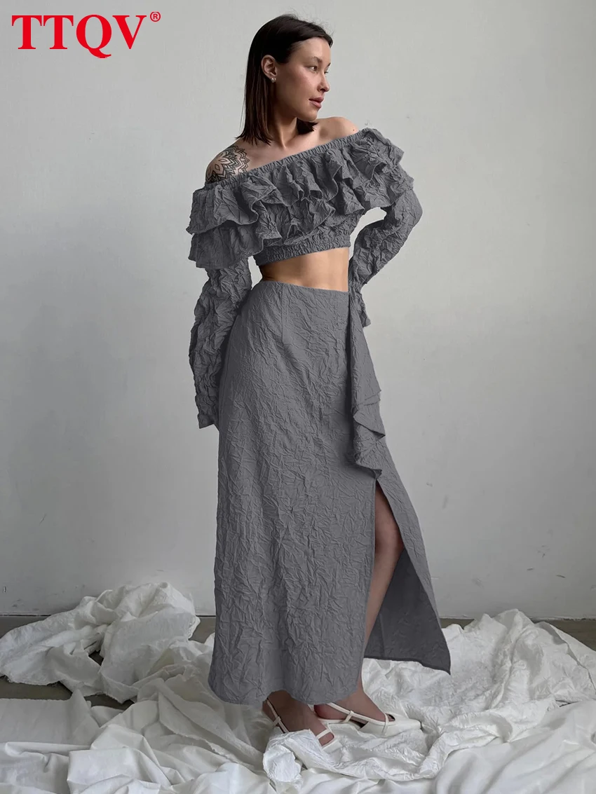 

TTQV Sexy Loose Gray Women's Two Pieces Set 2026 Summer Long Sleeve Crop Top With High Waist Long Skirt Set Female Clothing