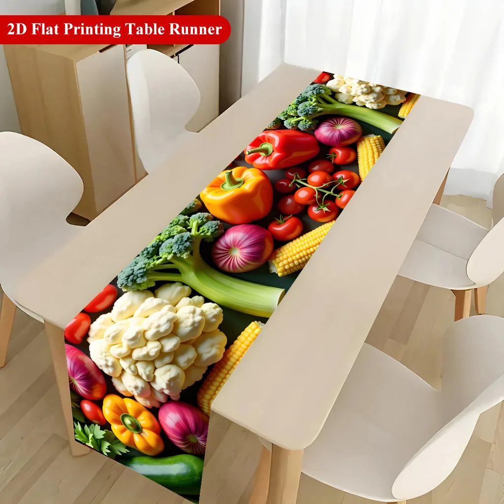 1pc 2D Table Runner, Plentiful Fresh Vegetable Display Rectangular Polyester Table Runner, Holiday Kitchen & Dining Table Decor