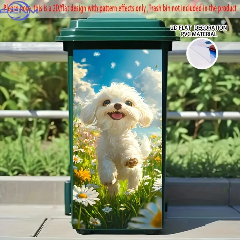 1pc 2D/FLAT Self-Adhesive Dustbin Sticker, .01xcm, White Puppy in Flower Field Scene Design - Creative Trash Bin Decal for Bin
